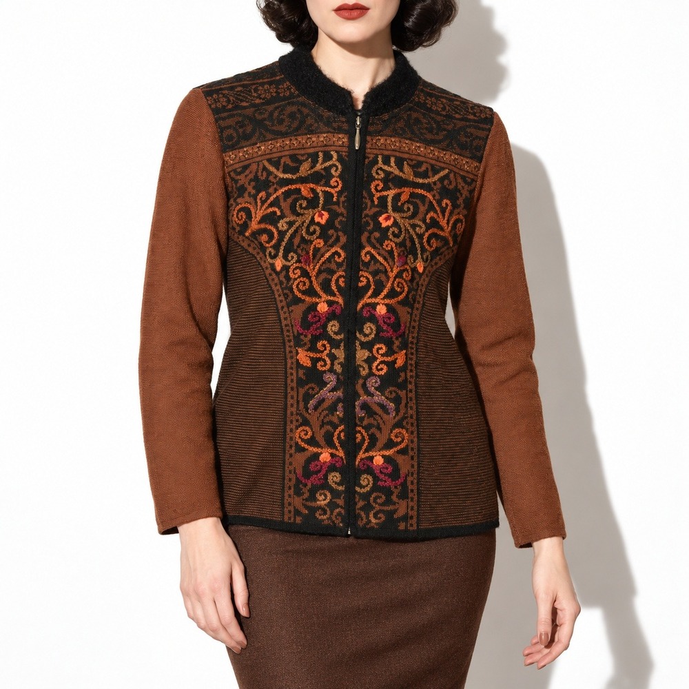 2000s North Style Jacquard Zip Cardigan Womens M Brown Boho Alpaca Blend Sweater